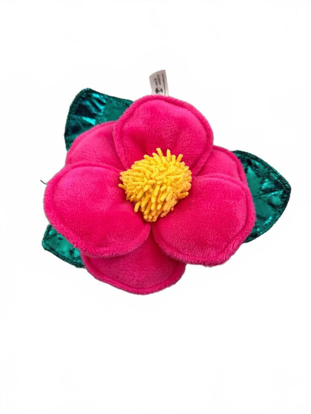 Woof & Whiskers Plush Pink Flower Dog Toy with Green Leaves Crinkle Squeak S/M